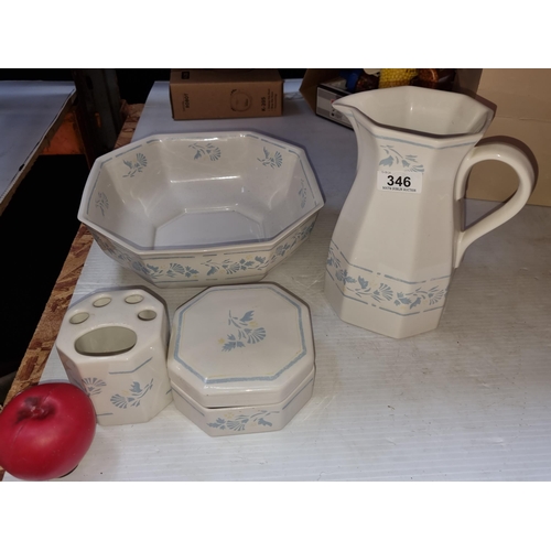 346 - A lovely set of four  ceramic items including a wash basin, a jug, a toothbrush holder and lidded va... 