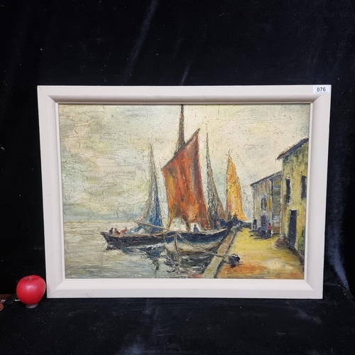 76 - A sweet original oil on canvas painting. Features a nautical landscape scene with sailing boats and ... 