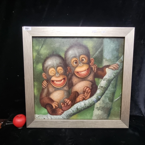 81 - A charming oil on board painting. Features baby monkeys seated on a branch. Rendered in detailed bru... 