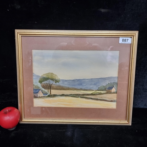 87 - A charming original watercolour on paper painting. Features a landscape scene with cottages and loom... 