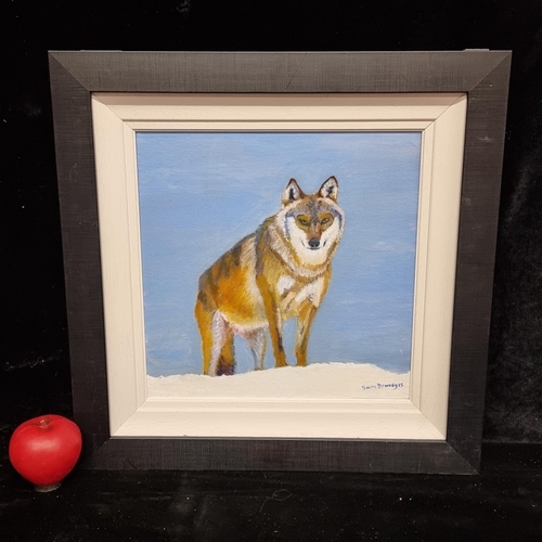 99 - An original oil on canvas painting titled 'Leader of the Pack'. Features a lone wolf set against a i... 