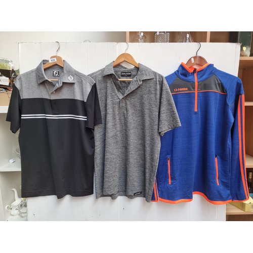 432 - Three as new men's medium sports tops including Footjoy Golf , Druids Golf  and O'Neils. All in very... 