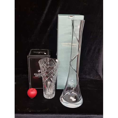 244 - A killarney crystal vase and a tall Louise Kennedy vase bath boxes in gifting condition.