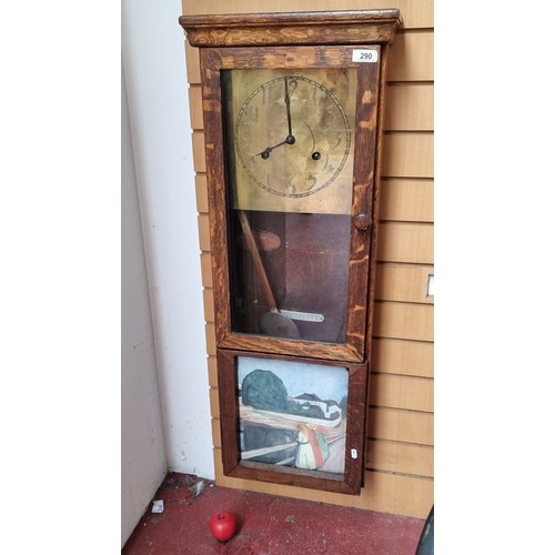 290 - Star Lot: A handsome oak cased wall clock with hand etched brass face. 'International Time Recording... 