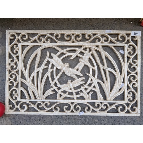 394 - A super pretty heavy Art Nouveau cast iron pierced Door Mat featuring dragonflies. Heavy and a reall... 