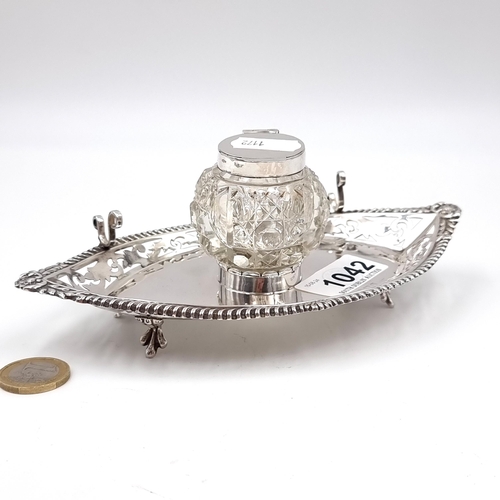 1042 - A very attractive antique silver inkwell with sterling silver pierced gallery inkstand and gadrooned... 