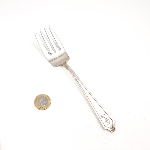 1048 - A sterling silver fish fork with initialed finial handle. Length of fork 18cm and total weight 52.18... 