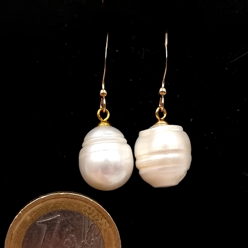 1057 - Star Lot : A very pretty pair of Akoya pearl drop earrings with 14 carat gold hooks. Suitable for pi... 