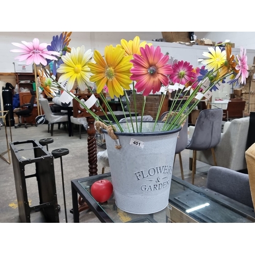 401 - Galvanized metal flowers and garden bucket with rope handles with a large selection of multicolored ... 