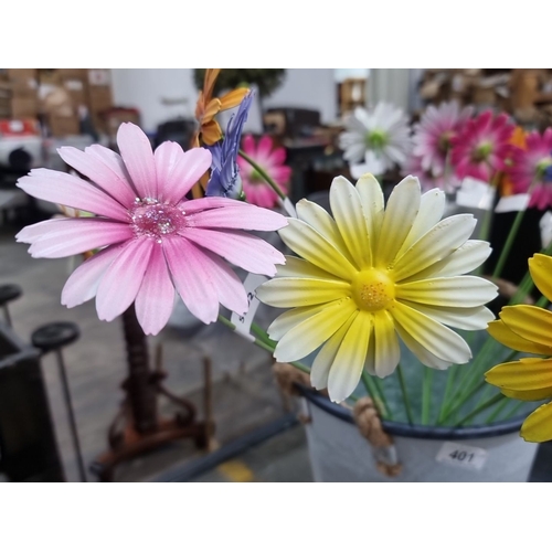 401 - Galvanized metal flowers and garden bucket with rope handles with a large selection of multicolored ... 