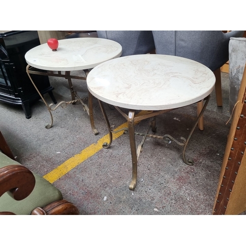 413 - Star Lot : A Pair of stunning heavy vintage 1970s  round Italian marble-topped side tables with wrou... 