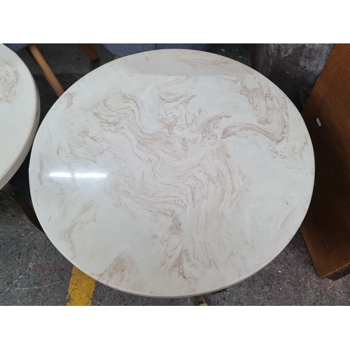 413 - Star Lot : A Pair of stunning heavy vintage 1970s  round Italian marble-topped side tables with wrou... 