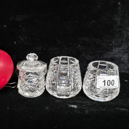 100 - A trio of Waterford Crystal dinner table items including a very sweet little mustard pot and two can... 