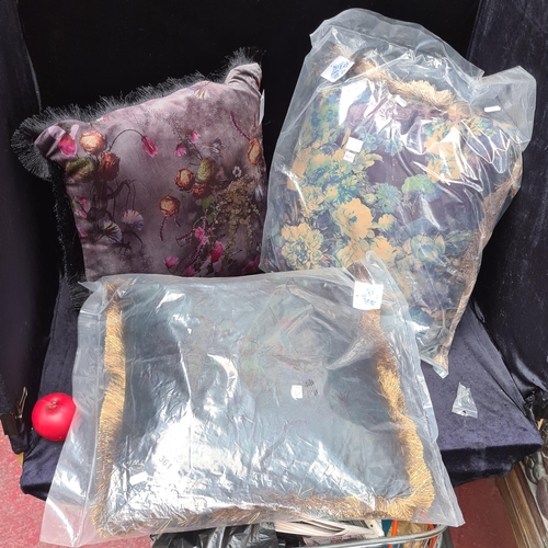 361 - Three fabulous large cushions in a floral fabric with fringe detailing. All brand new unused. Brand ... 