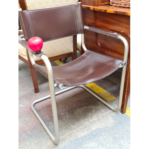 375 - A mid century designer chair after Marcel Bruer sleek and stylish with brown leather seat, back rest... 