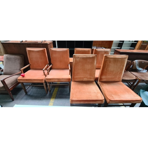 393 - Star lot : A stunning set of six Mid Century high back armchairs with teak wooden frames and upholst... 