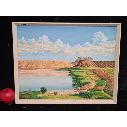 70 - A delightful original oil on canvas painting. Features a serene landscape scene with a Shepherd and ... 