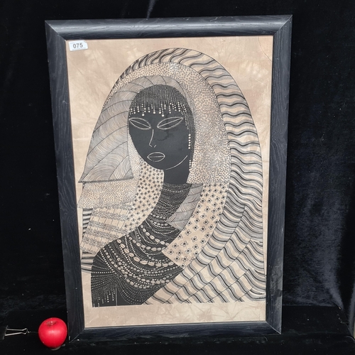 75 - A lovely Lange East African Batik artwork featuring a 'Lamu girl'. Housed in a neat black frame behi... 