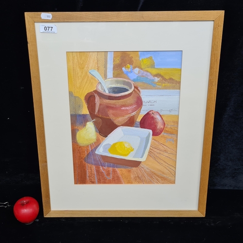 77 - A bright Patricia McGloughlin (Irish) gouache and pastel on paper painting. Features a still life wi... 