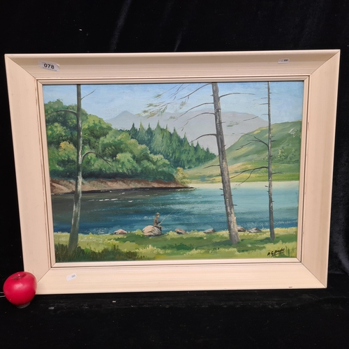 78 - A large original charming oil on board painting. Features a serene fishing landscape scene with a so... 