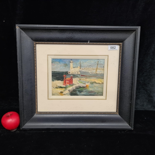 82 - A very attractive original oil on canvas board painting. Features a coastal harbour scene with boats... 