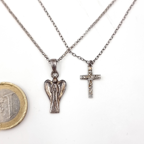 42 - Two religious pendants. One in the form of an angel set in sterling silver and chain length is 44 cm... 