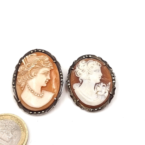 58 - Two Sterling Silver vintage cameo brooches both set with marcasite mounts with pins intact. Total we... 