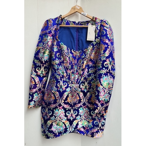 A brand new Lavish Alice jacquard corset wrap mini dress in cobalt, size  10. It has an intricate fl