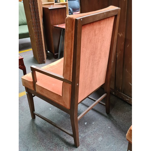 393 - Star lot : A stunning set of six Mid Century high back armchairs with teak wooden frames and upholst... 