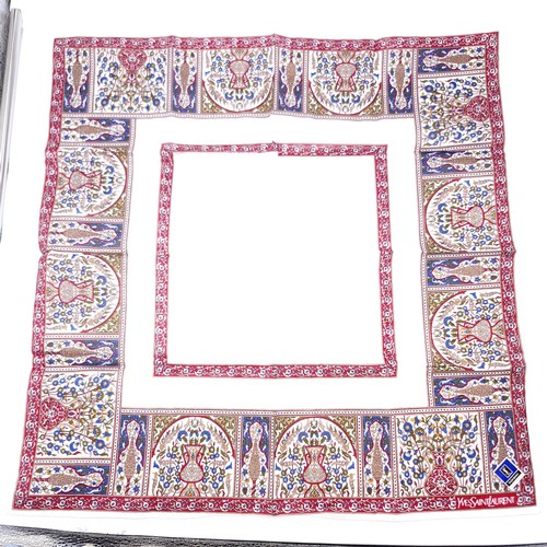 14 - A collection of four designer silk & cotton scarves. Dimensions: 58 cms square. Items as per photogr... 