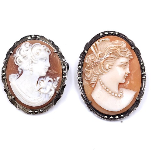 58 - Two Sterling Silver vintage cameo brooches both set with marcasite mounts with pins intact. Total we... 