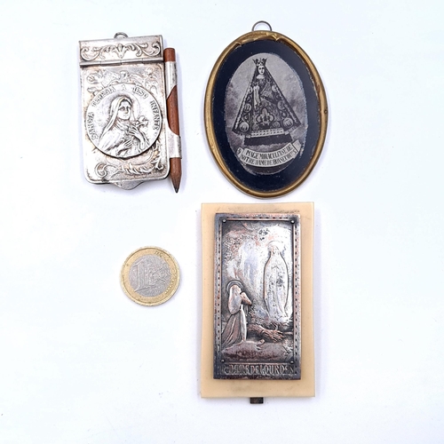 1102 - A collection of three vintage religious items. Two mounted with sterling silver and a further religi... 