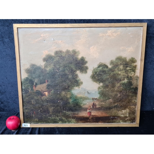 1106 - A delicate antique  original oil on canvas painting. Features a countryside landscape scene with fig... 