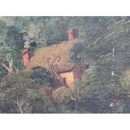 1106 - A delicate antique  original oil on canvas painting. Features a countryside landscape scene with fig... 