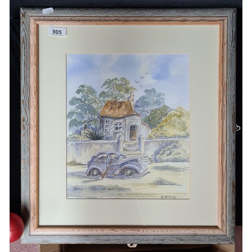 1108 - A wonderful original watercolour on paper painting. Features a Cottage with green trees and a car. R... 