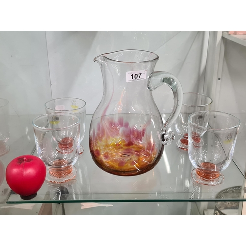 107 - Five pieces of stunning hand blown Irish made Jerpoint studio glass including a large pitcher jug an... 