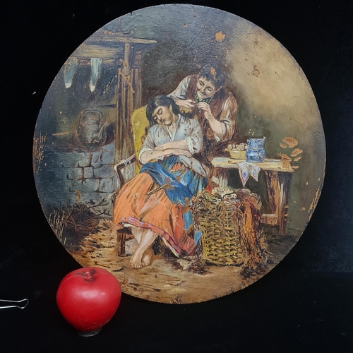 61 - A lovely original oil on circular wooden panel painting. Features a narrative scene with a mother an... 