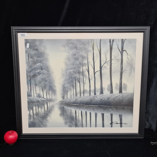 68 - A large original acrylic on canvas board painting. Features a serene landscape. Rendered in a monoch... 