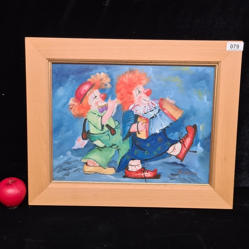 79 - An original oil on board painting after Ute Mertens-Stossel 'Clowns'. Features two joyful Clowns pla... 