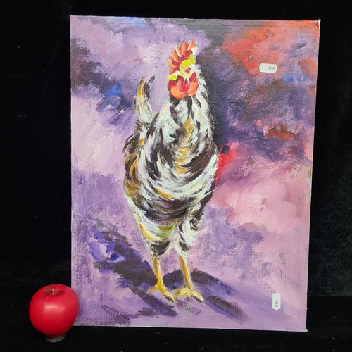 92 - A cheerful original oil on board painting featuring a cockerel. Rendered in expressive brushstrokes.