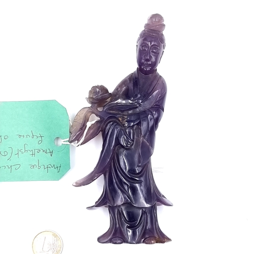 26 - Star Lot : A nice antique Chinese carved figure of Guanyin in lavender jade. Dimensions: H - 16 cms,... 