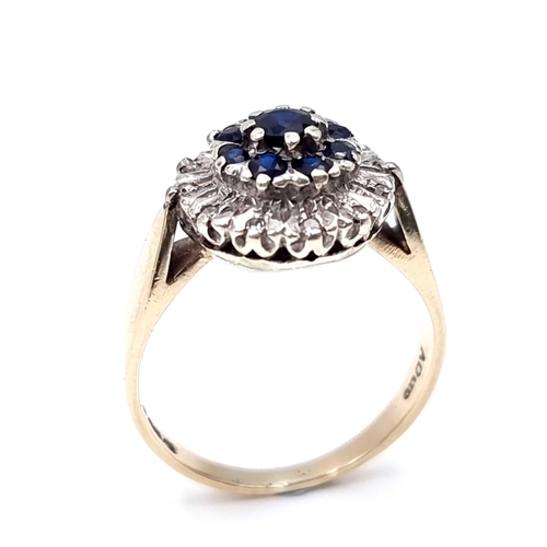 4 - Star Lot : A pretty nine carat gold diamond and sapphire cluster ring. Size - O. Weight - 4.25 grams... 