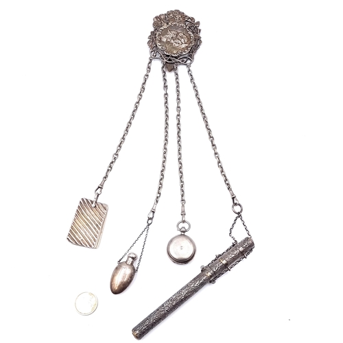 47 - Star Lot : A very beautiful antique Chatelaine set with silver items consisting of a silver sovereig... 