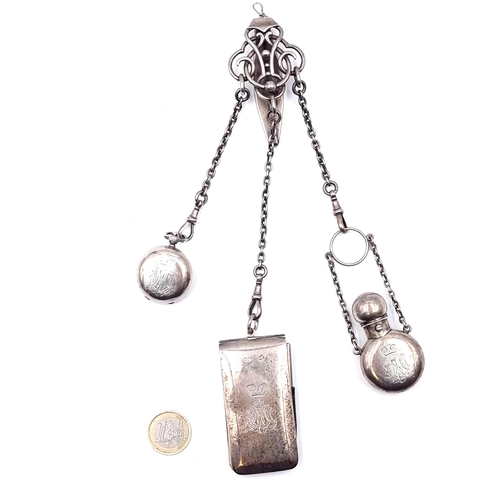 48 - Star Lot : A very beautiful antique Chatelaine. Maker - Clark 20 Old bond street. Silver items consi... 