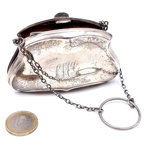 51 - A sterling silver purse with initialled front hallmarked Chester dated 1917 with chain & ring attach... 