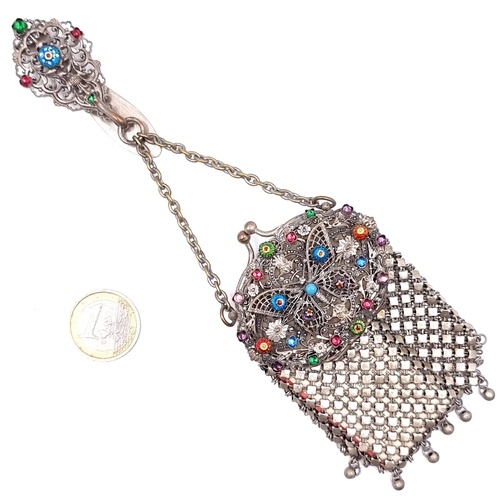 52 - Star Lot : A stunning example of 19th century  multi gem set mesh purse set with a butterfly motif o... 