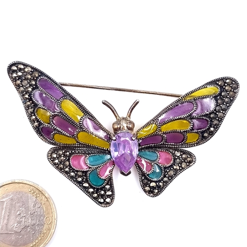 53 - A most attractive multi-stone vintage butterfly Sterling Silver brooch with marcasite surround and p... 