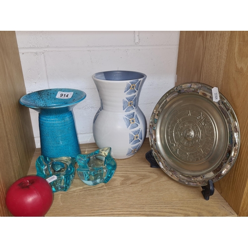 914 - Five items including a pair of neat turquoise blue candlesticks as well as a studio pottery vase.