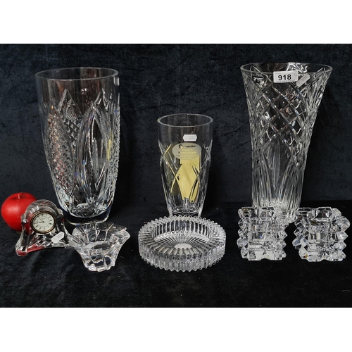 918 - Eight pieces of Irish Crystal including a Waterford Crystal desk clock and a tall Killarney Crystal ... 