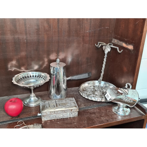 931 - Six pretty antique EPNS items including a pedestal bowl, a sugar scuttle and a coffee pot.